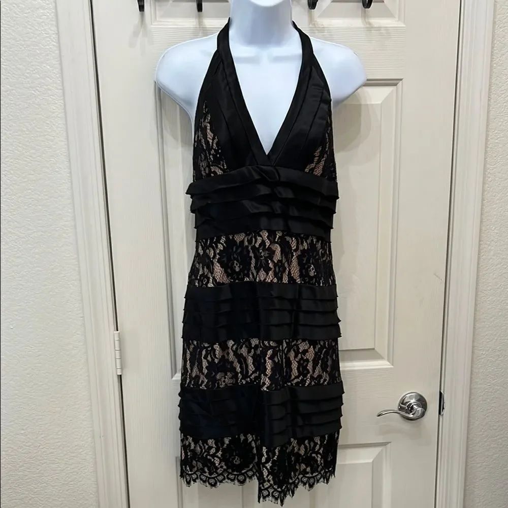 BCBGMaxAzria Black Halter Babydoll Mini Dress Size 6  Floral Lace Silky Ruffle